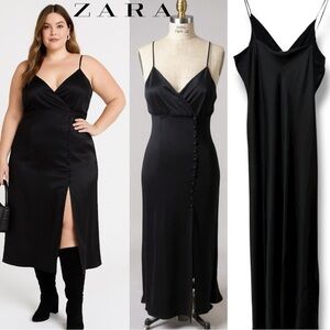 304 ZARA | NWOT Black Satin Slip Dress Button Front Midi Evening Dress (Size L)